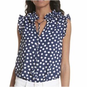 Kate Spade Cloud Dot Tie Front Shell Top Womens S Navy Blue Silk Ruffle